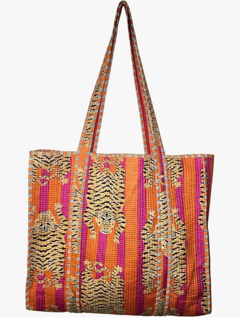 NWOT Handwoven Pink & Orange Tiger Stripe Tote Bag